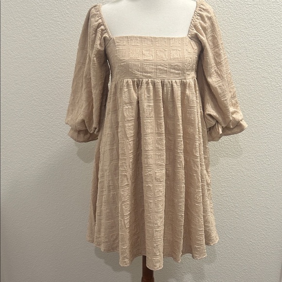 Sweet Lemon Beige Dress with Puff Sleeves - Picture 1 of 4